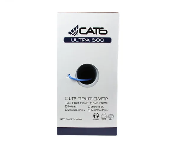 1000FT CAT6 UTP Bulk Ethernet Cable, Solid Copper CM, 23 AWG