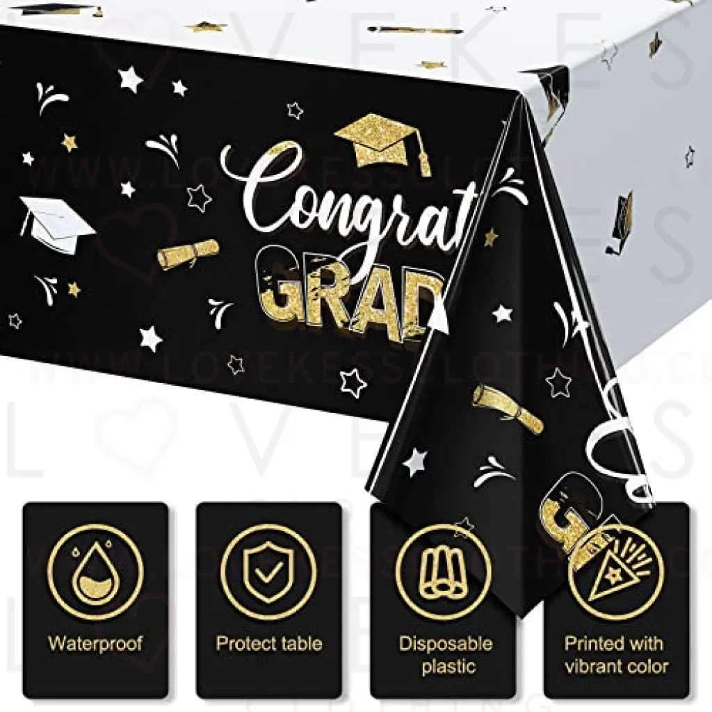 3 Pack Graduation Party Tablecloth Congrats Class of 2022 Graduation Table Covers Grad Cap Table Cloth Rectangle Plastic Tablecloth for Grad Party Decorations and Supplies, 54 x 108 Inch (Black)