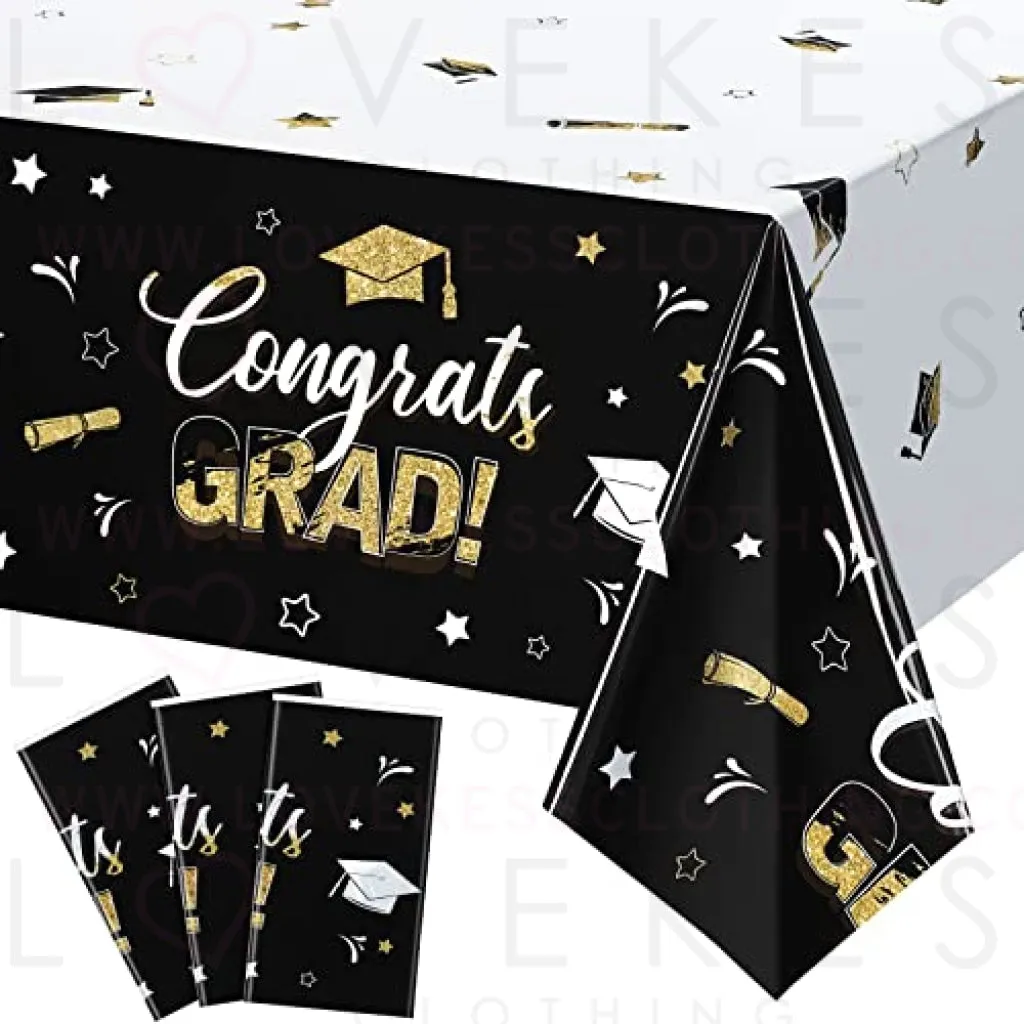 3 Pack Graduation Party Tablecloth Congrats Class of 2022 Graduation Table Covers Grad Cap Table Cloth Rectangle Plastic Tablecloth for Grad Party Decorations and Supplies, 54 x 108 Inch (Black)