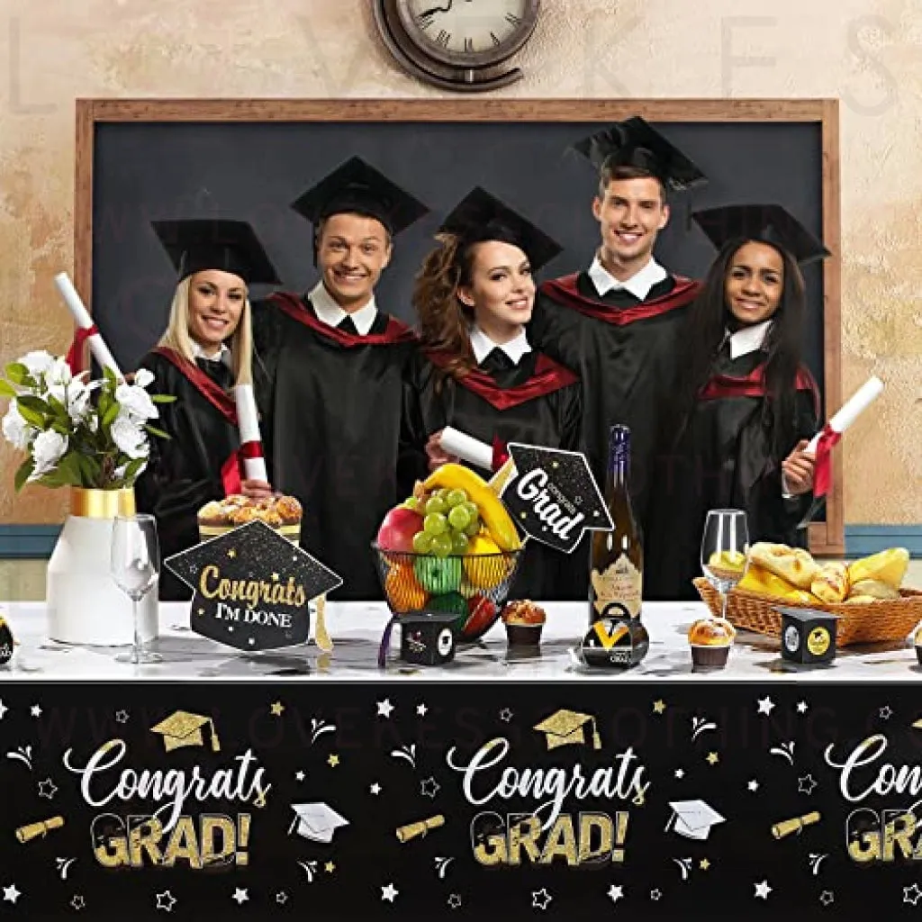 3 Pack Graduation Party Tablecloth Congrats Class of 2022 Graduation Table Covers Grad Cap Table Cloth Rectangle Plastic Tablecloth for Grad Party Decorations and Supplies, 54 x 108 Inch (Black)