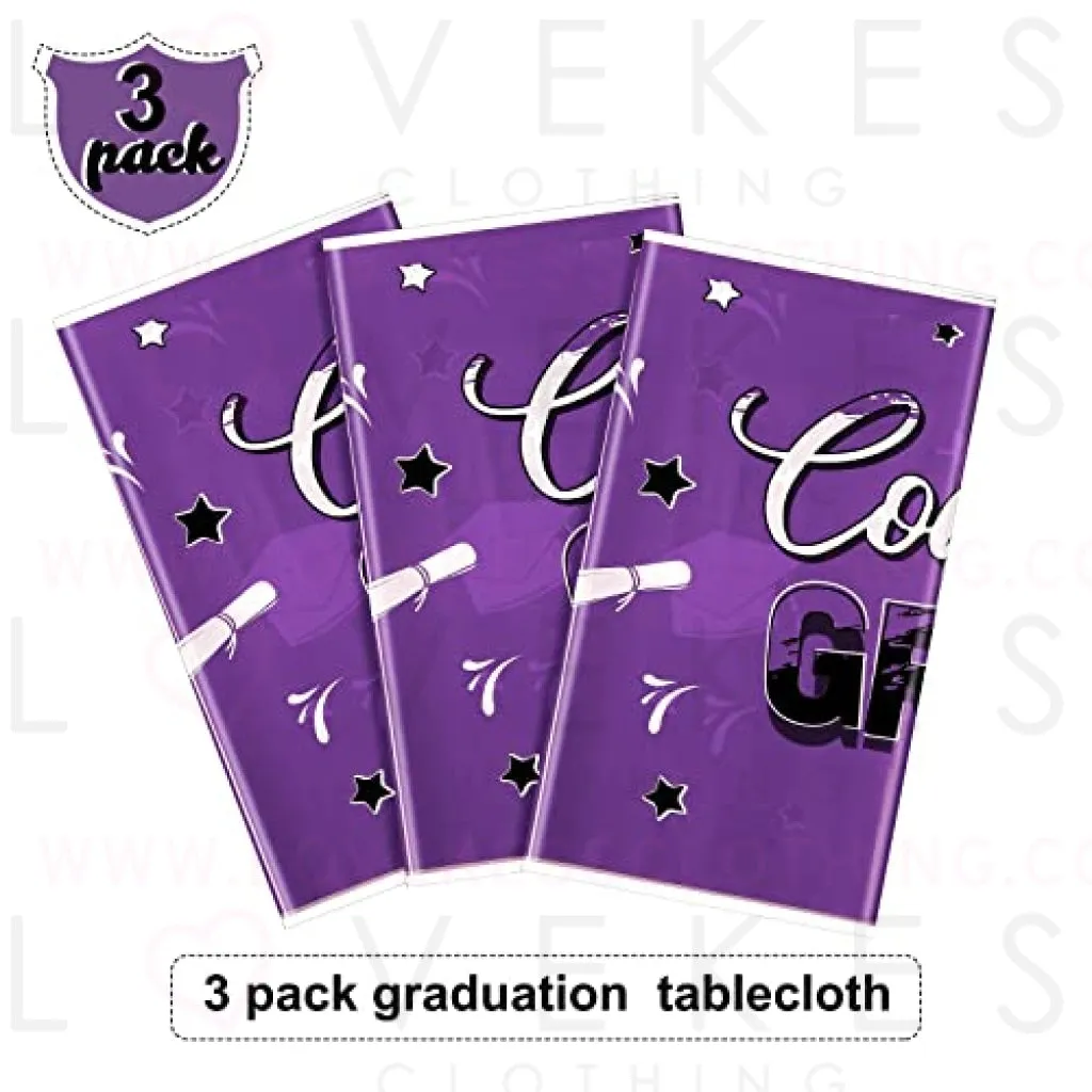 3 Pack Graduation Party Tablecloth Congrats Class of 2022 Graduation Table Covers Grad Cap Table Cloth Rectangle Plastic Tablecloth for Grad Party Decorations and Supplies, 54 x 108 Inch (Purple)