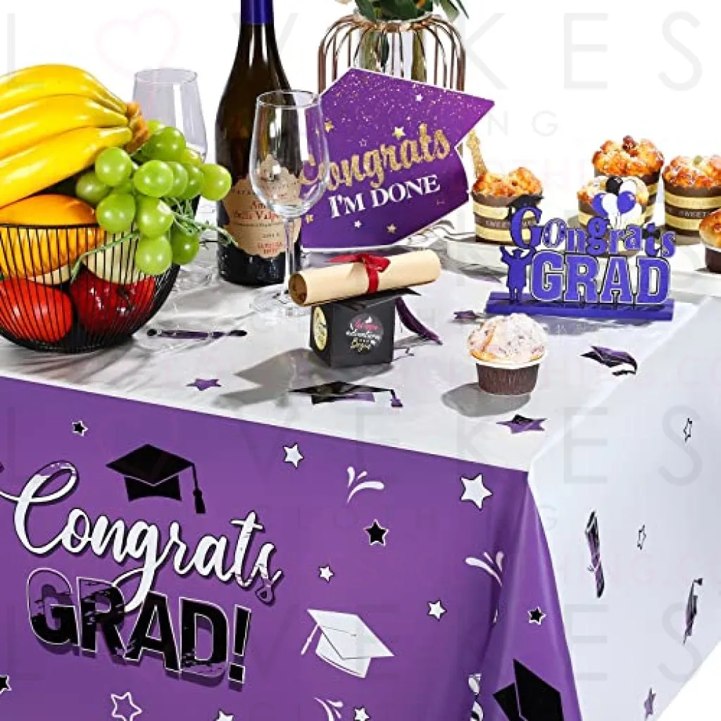 3 Pack Graduation Party Tablecloth Congrats Class of 2022 Graduation Table Covers Grad Cap Table Cloth Rectangle Plastic Tablecloth for Grad Party Decorations and Supplies, 54 x 108 Inch (Purple)