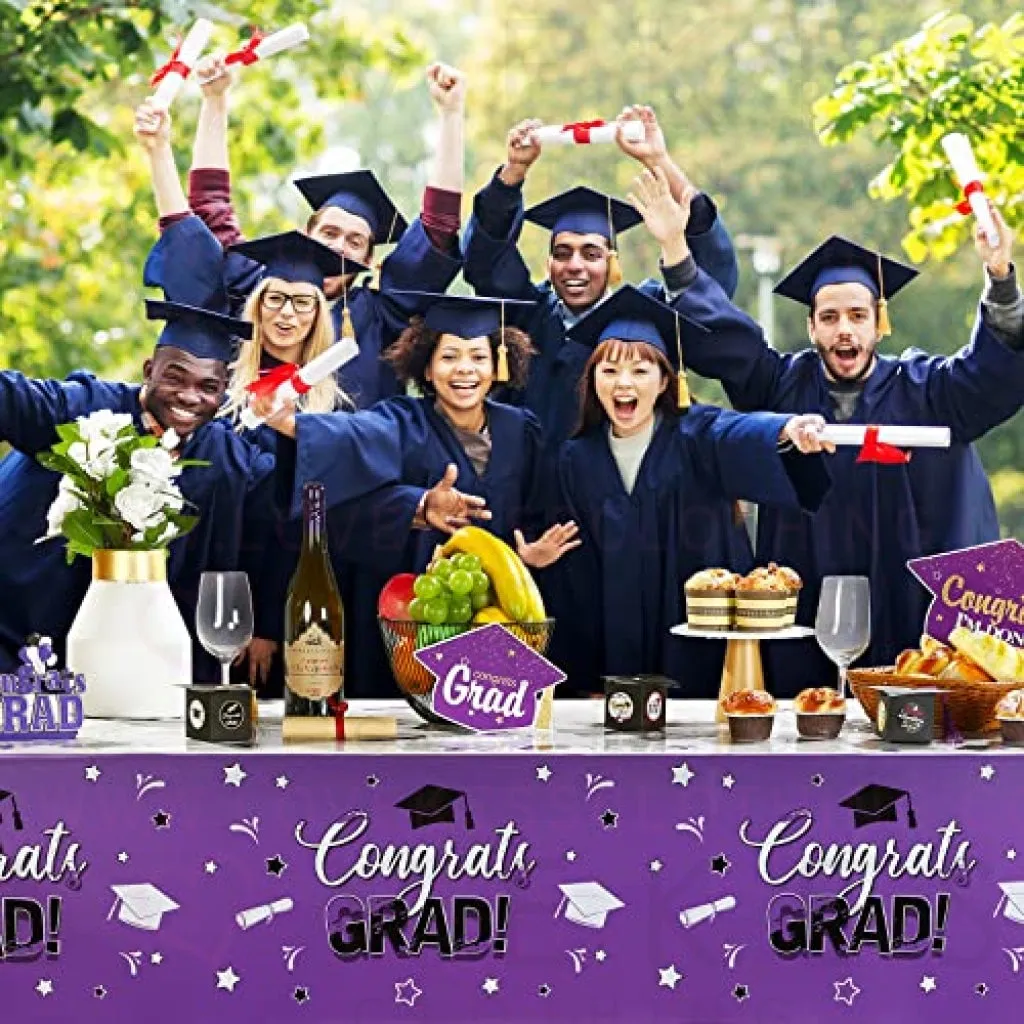 3 Pack Graduation Party Tablecloth Congrats Class of 2022 Graduation Table Covers Grad Cap Table Cloth Rectangle Plastic Tablecloth for Grad Party Decorations and Supplies, 54 x 108 Inch (Purple)