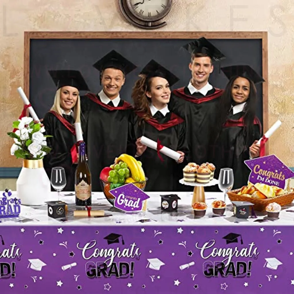 3 Pack Graduation Party Tablecloth Congrats Class of 2022 Graduation Table Covers Grad Cap Table Cloth Rectangle Plastic Tablecloth for Grad Party Decorations and Supplies, 54 x 108 Inch (Purple)