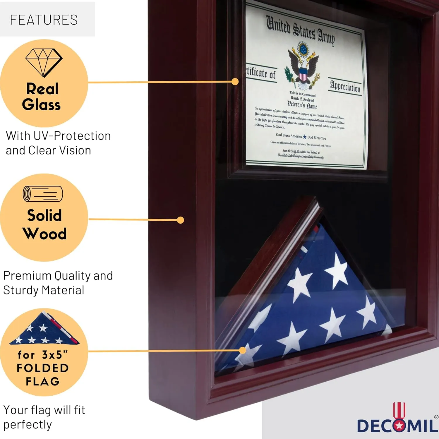 3x5 Flag Display Case with Certificate & Document Holder - Large Shadow Box Frame