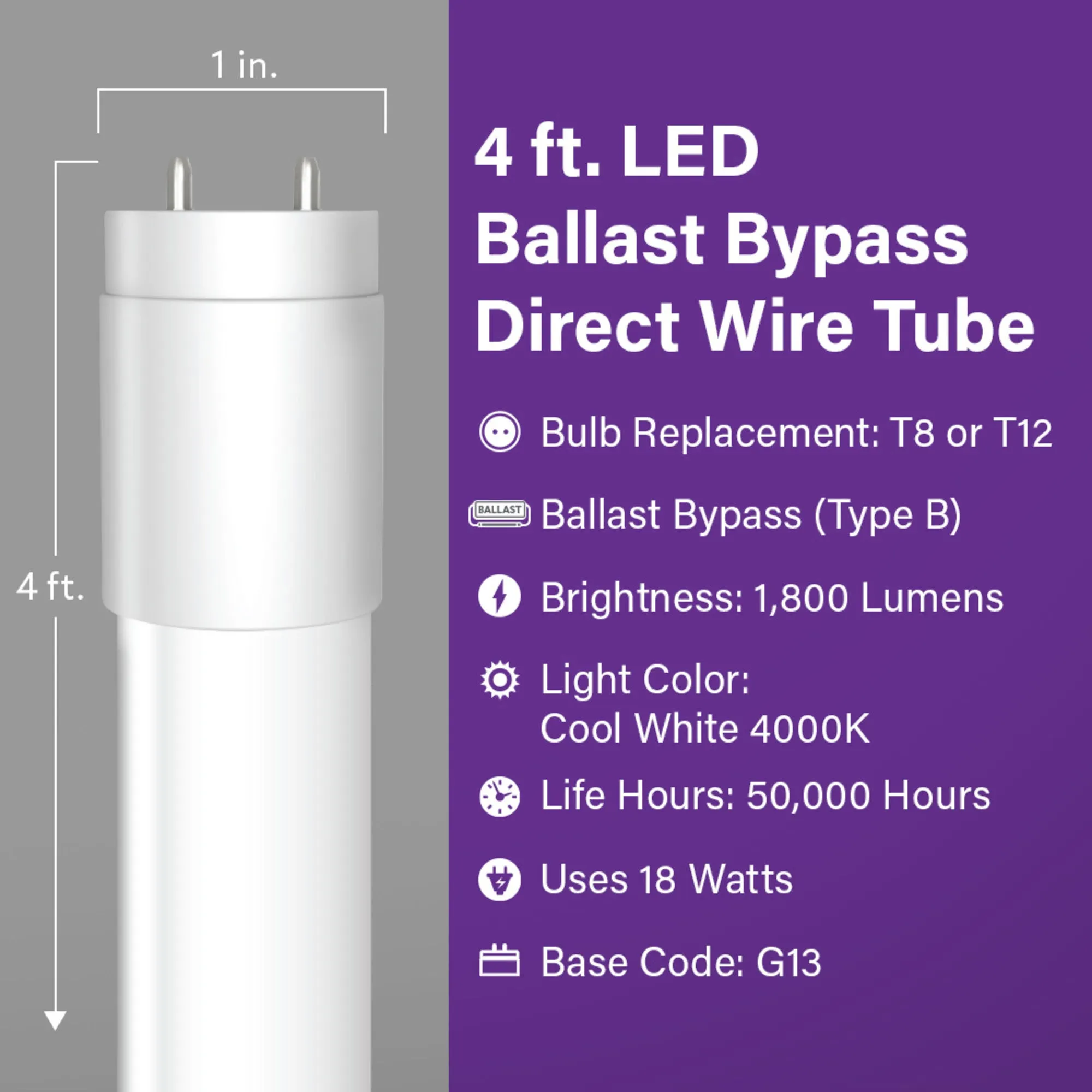 4 ft. 18W Cool White (4000K) G13 Base (T8/T12 Replacement) Ballast Bypass (Type B) LED Linear Tube (10-Pack)