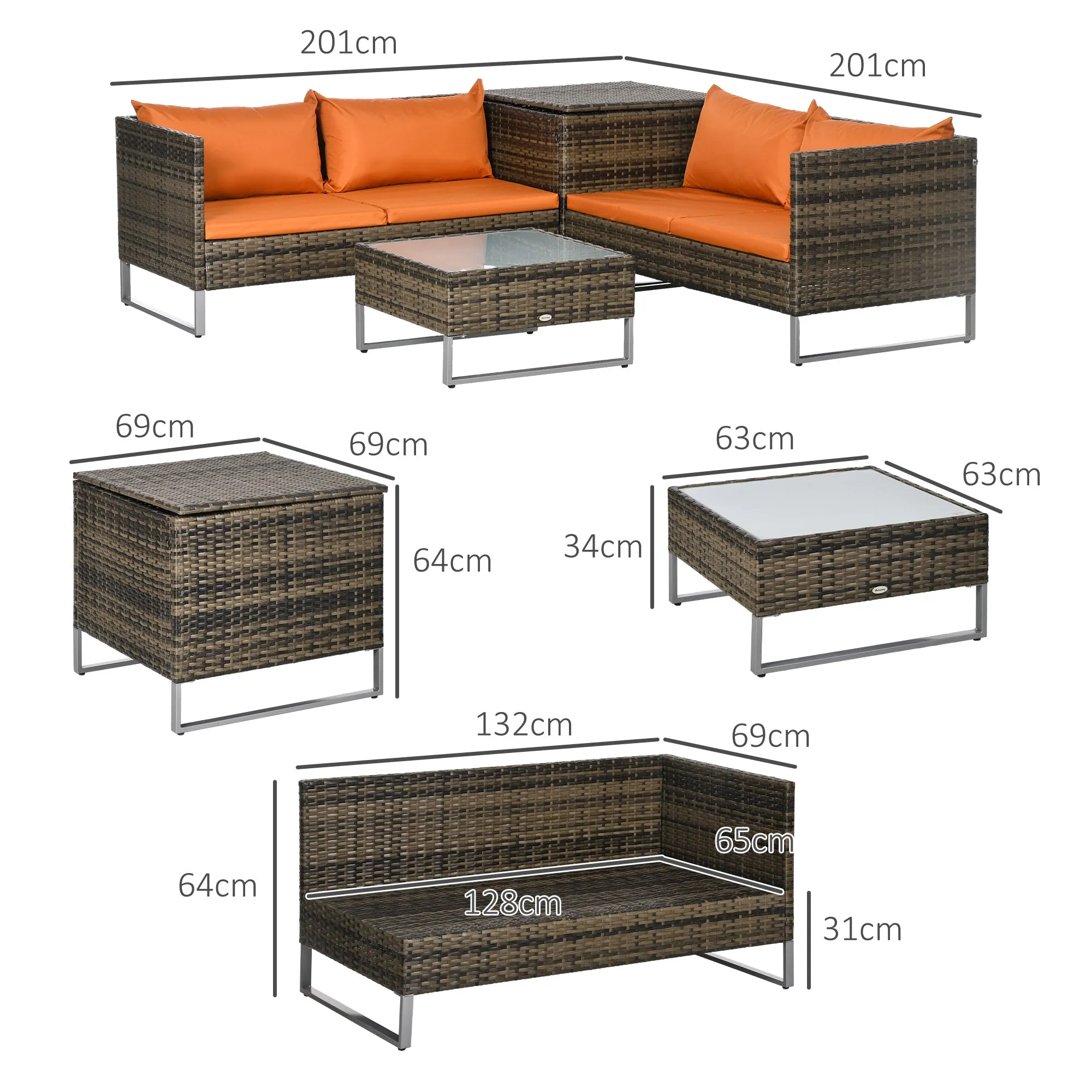 4 PCs Garden Rattan Wicker Outdoor Furniture Patio Corner Sofa Love Seat and Table Set with Cushions Side Desk Storage - Orange