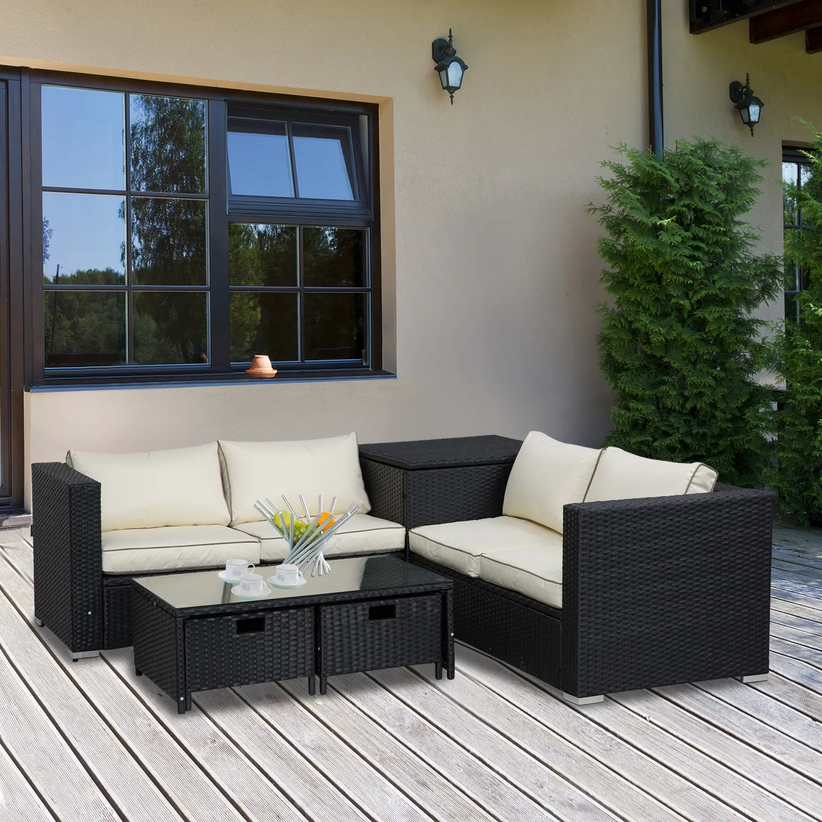 4-Seater Rattan Garden Furniture Patio Sofa Storage & Table Set w/ Coffee Table & Corner Sofa - Black