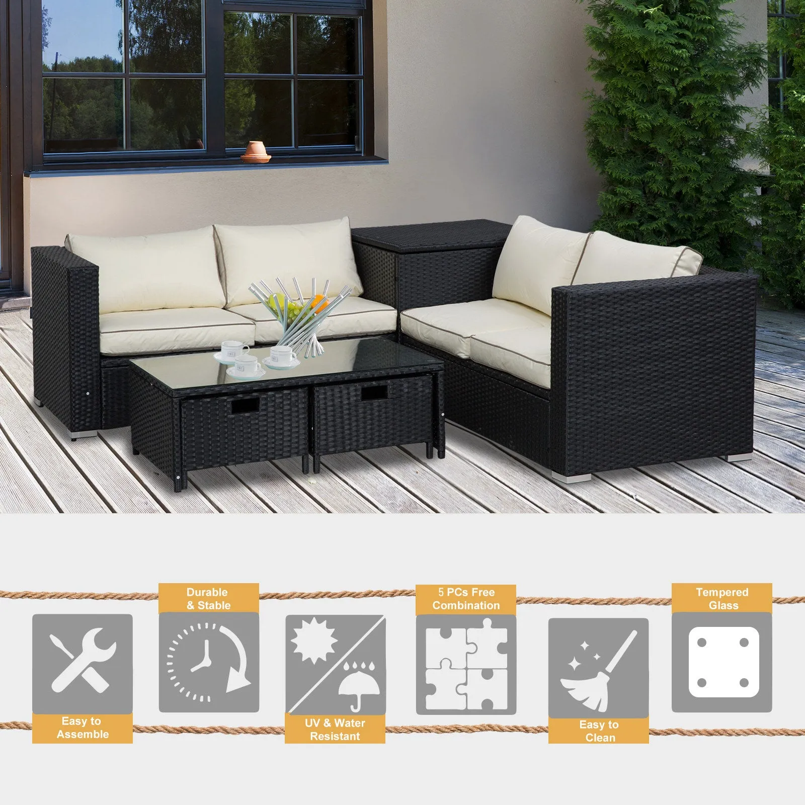 4-Seater Rattan Garden Furniture Patio Sofa Storage & Table Set w/ Coffee Table & Corner Sofa - Black