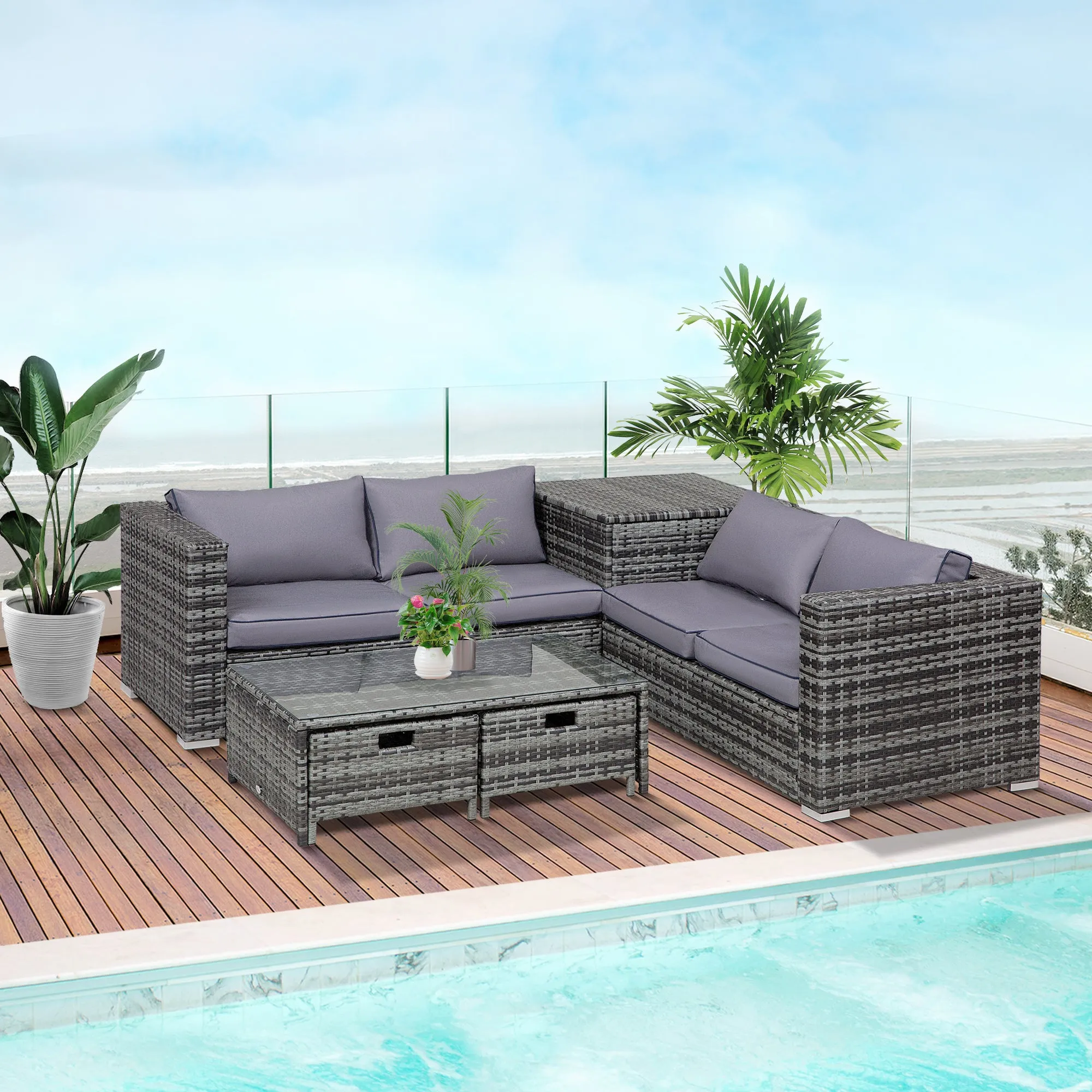 4-Seater Rattan Wicker Garden Furniture Patio Sofa Storage & Table Set w/ 2 Drawers Coffee Table,Great Cushioned 4 Seats Corner Sofa - Grey