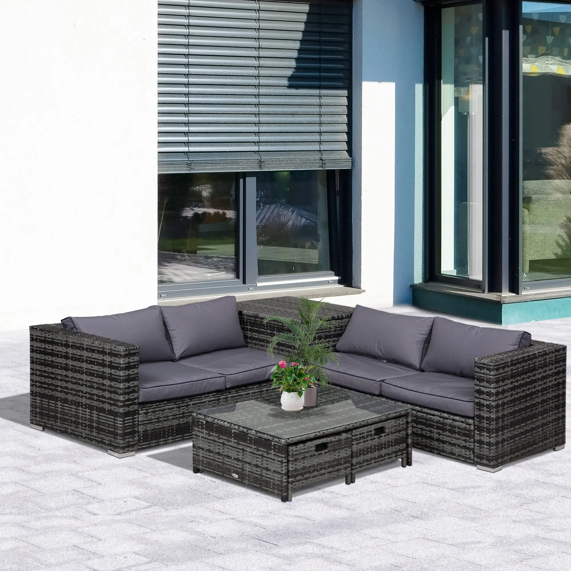 4-Seater Rattan Wicker Garden Furniture Patio Sofa Storage & Table Set w/ 2 Drawers Coffee Table,Great Cushioned 4 Seats Corner Sofa - Grey