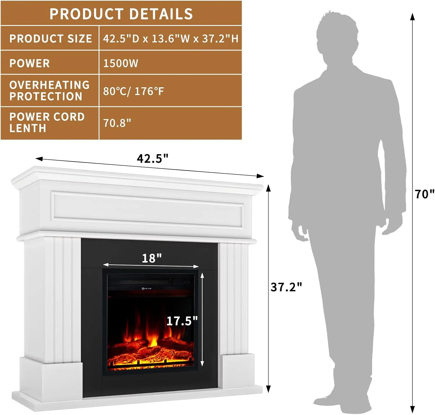 43" Fireplace TV Stand with Mantel & Heater for Living Room, Bedroom