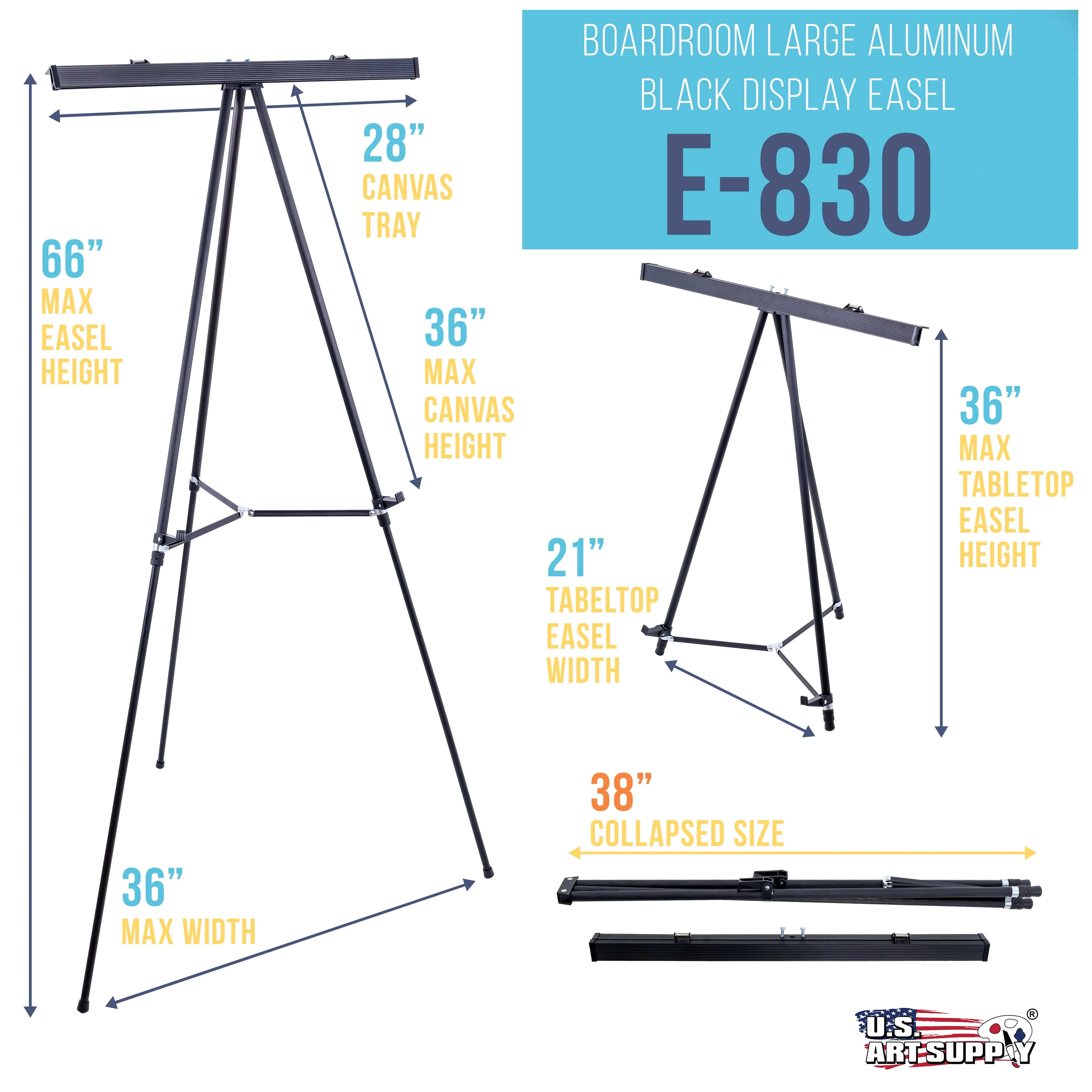 66" High Boardroom Black Aluminum Flipchart Display Easel and Presentation Stand - Large Adjustable Floor and Tabletop Portable Tripod, Holds 25 lbs