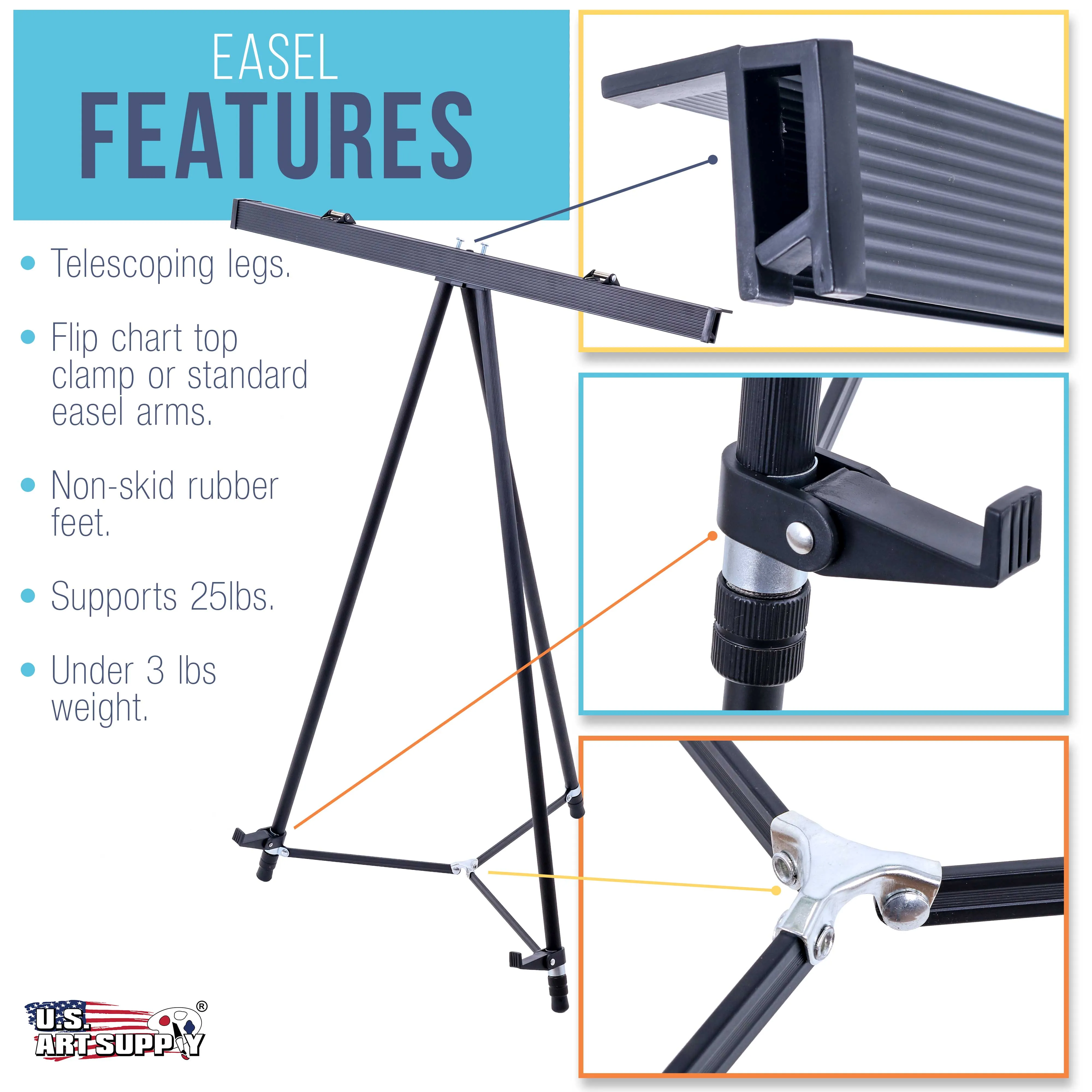 66" High Boardroom Black Aluminum Flipchart Display Easel and Presentation Stand - Large Adjustable Floor and Tabletop Portable Tripod, Holds 25 lbs