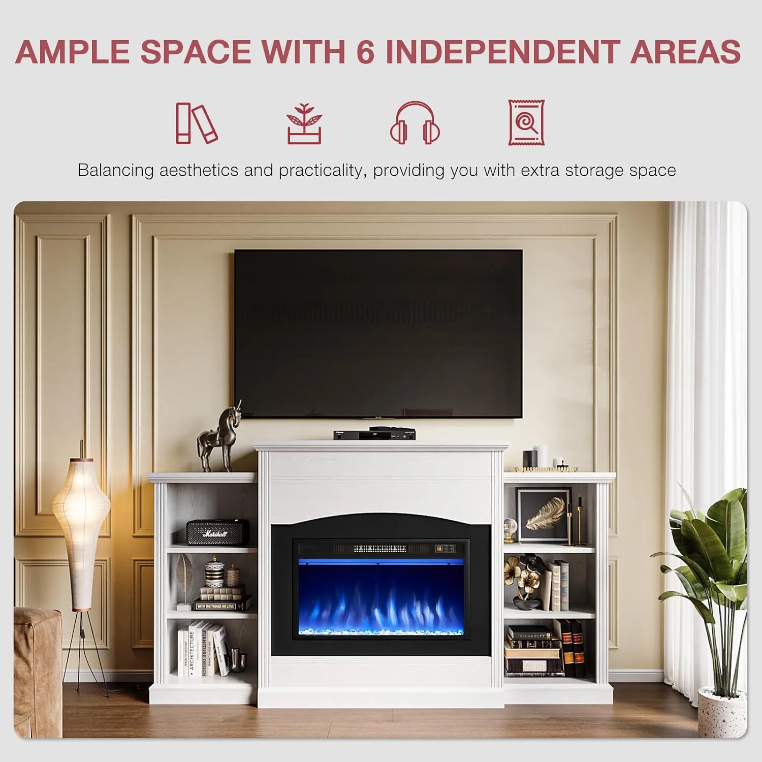 67" Insert Fireplace TV Stand with 3-tier Storage Shelves