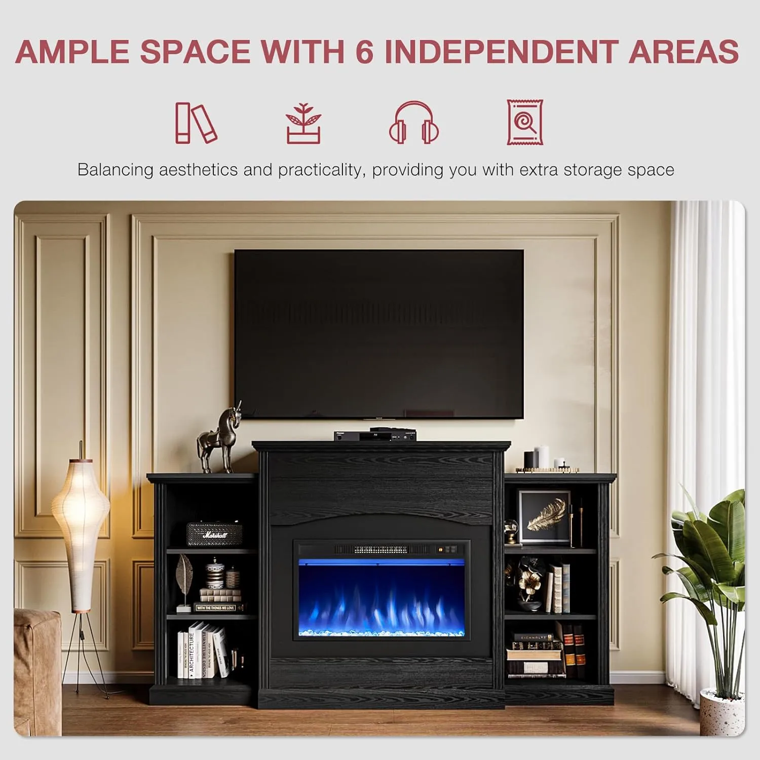 67" Insert Fireplace TV Stand with 3-tier Storage Shelves