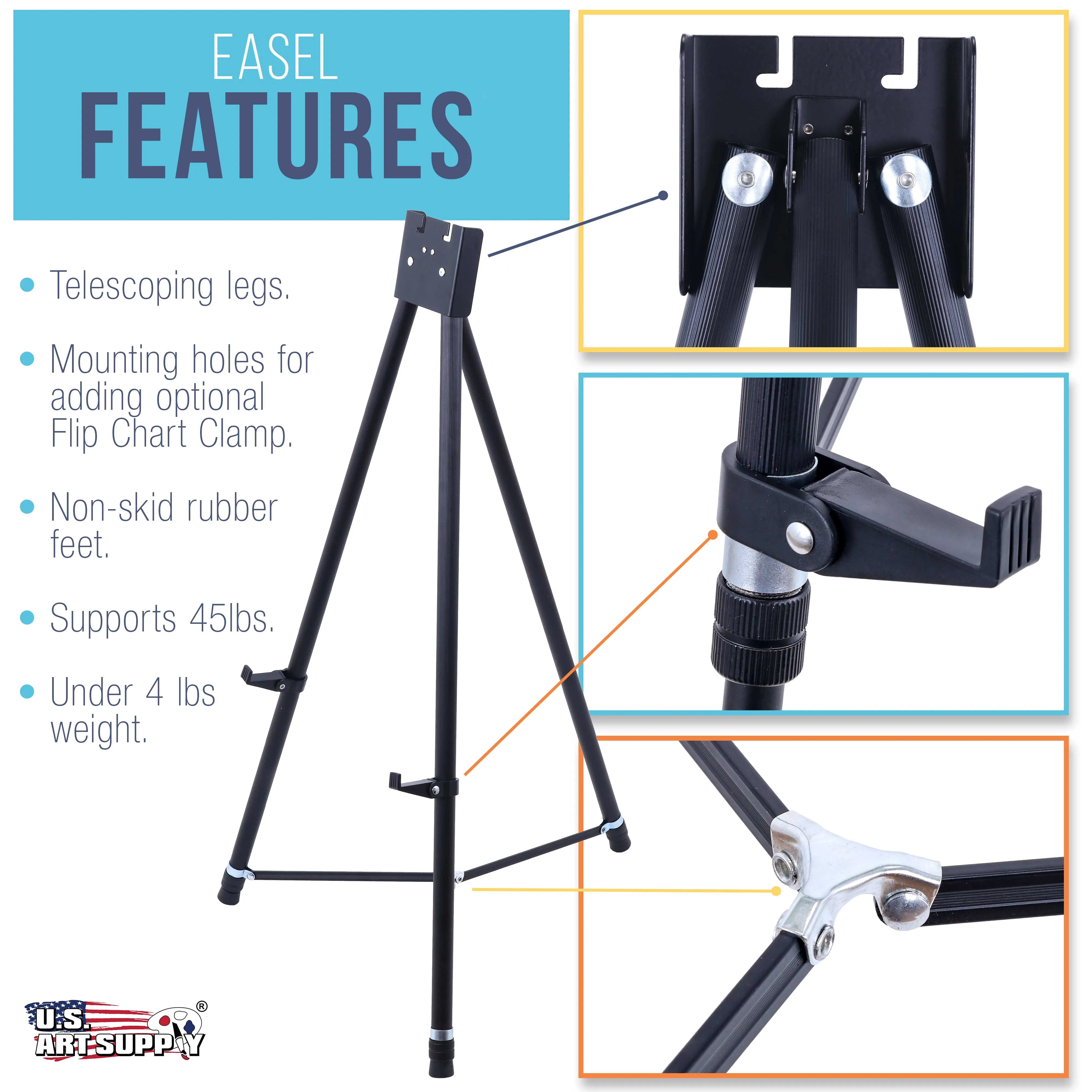 70" High Showroom XL Aluminum Display Easel, Holds 45 lbs - Heavy Duty Extra Large Black Presentation Stand, Adjustable Portable Floor Tabletop Tripod