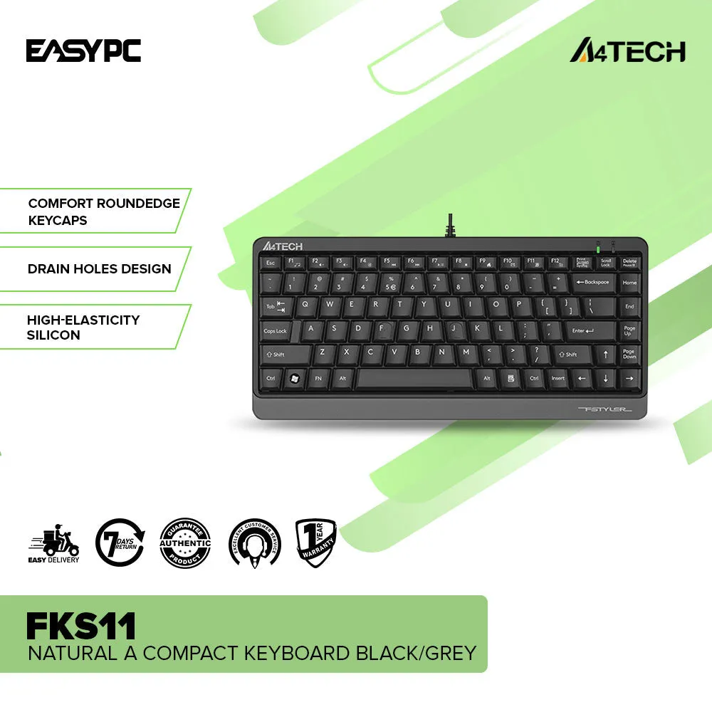 A4tech FKS11 Natural A Compact Keyboard Black/grey High-Elasticity Silicon Comfort Roundedge Keycaps