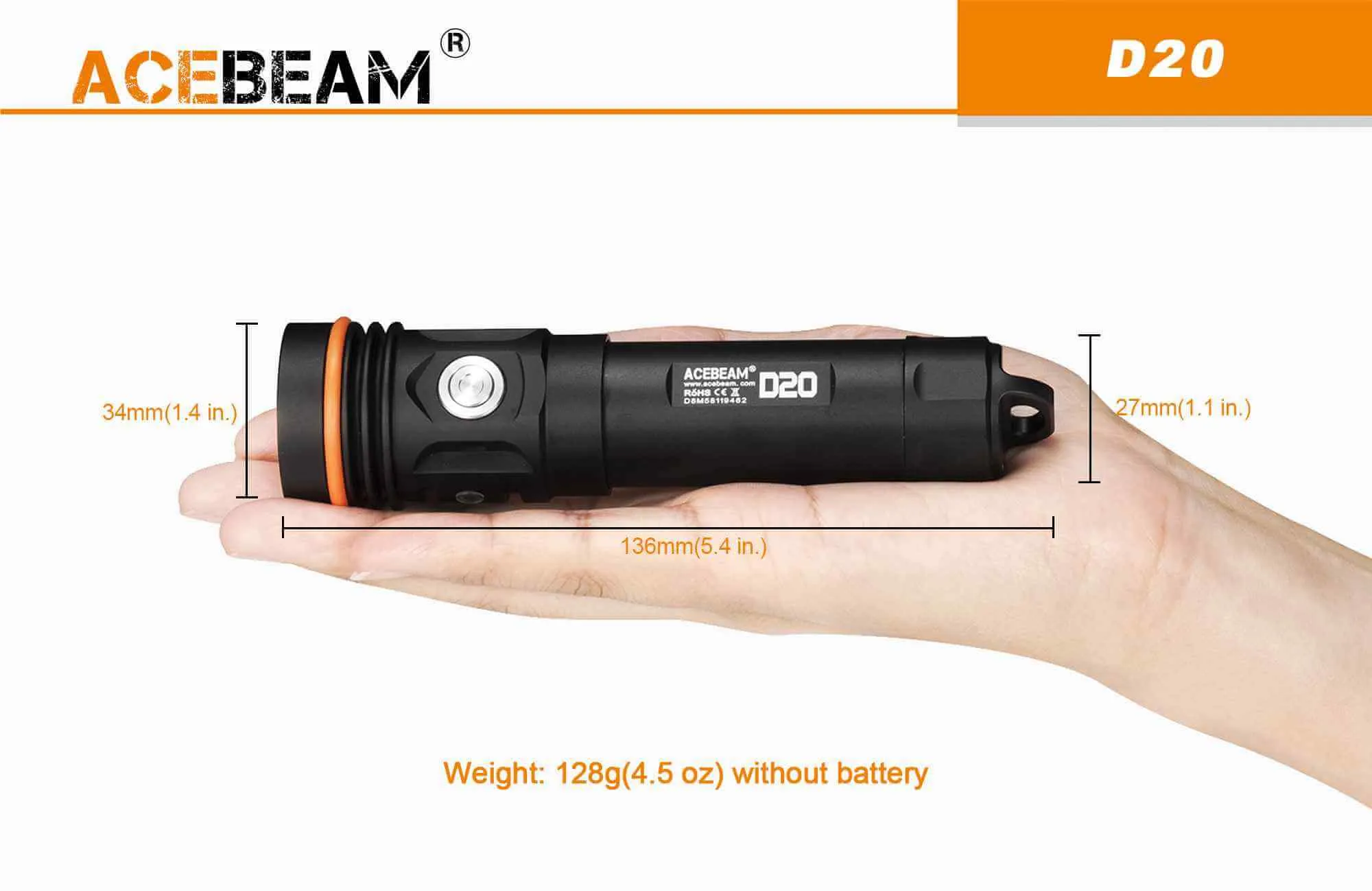 Acebeam D20 palm size Diving Light with astonishing 2700 lumens that reaches depths of 200 m