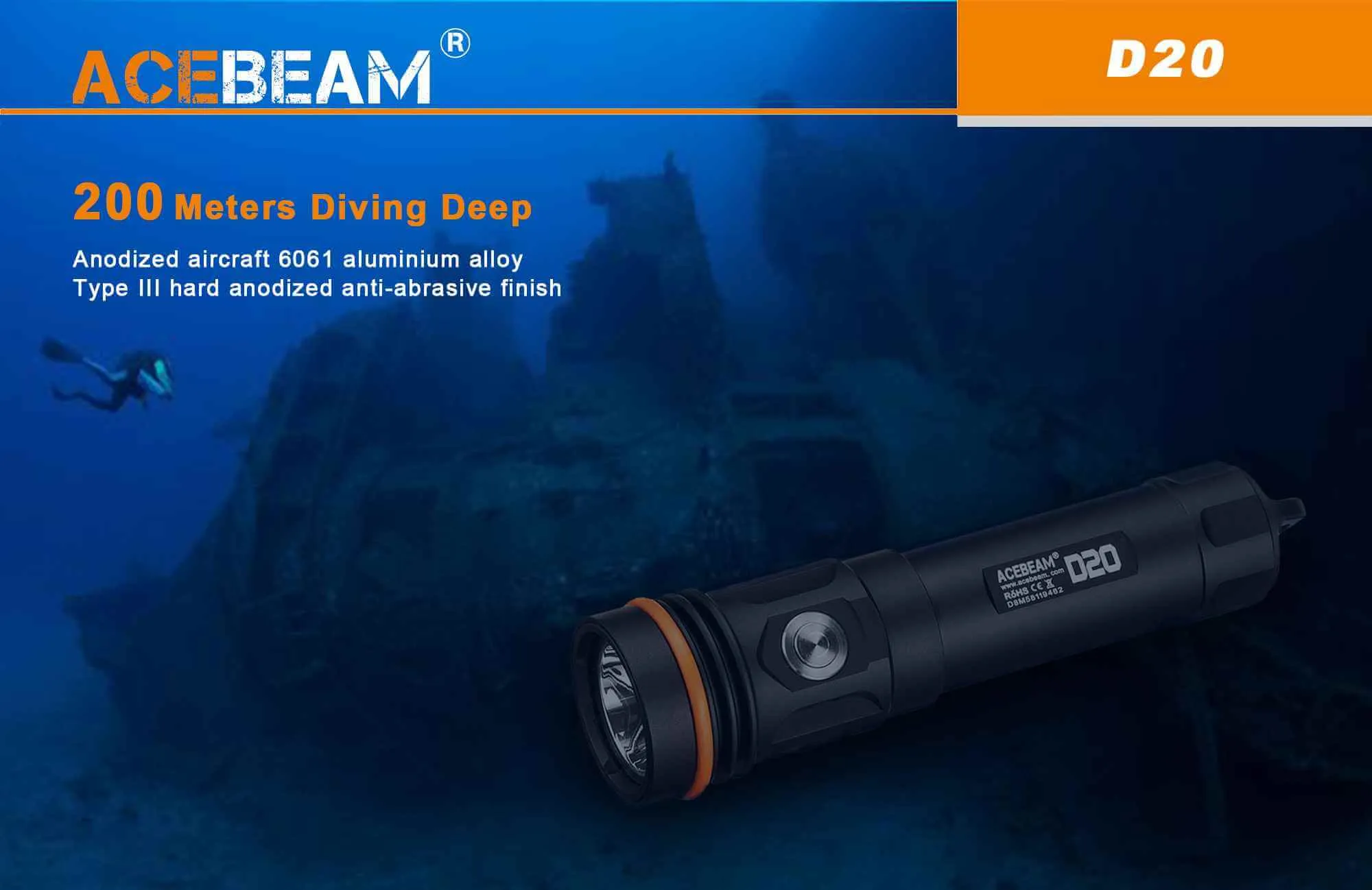 Acebeam D20 palm size Diving Light with astonishing 2700 lumens that reaches depths of 200 m