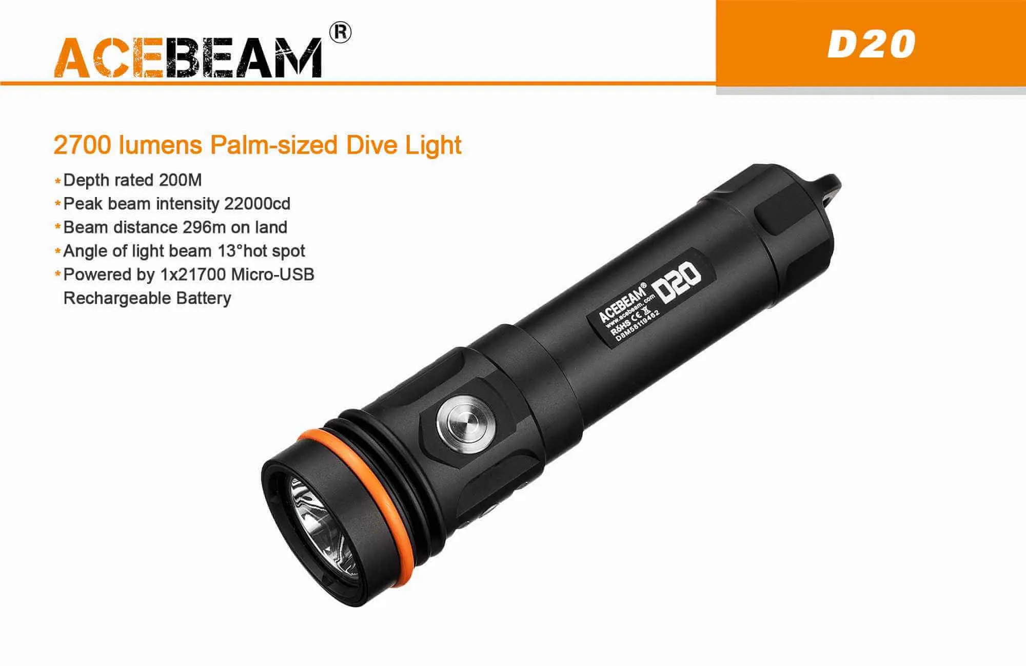 Acebeam D20 palm size Diving Light with astonishing 2700 lumens that reaches depths of 200 m