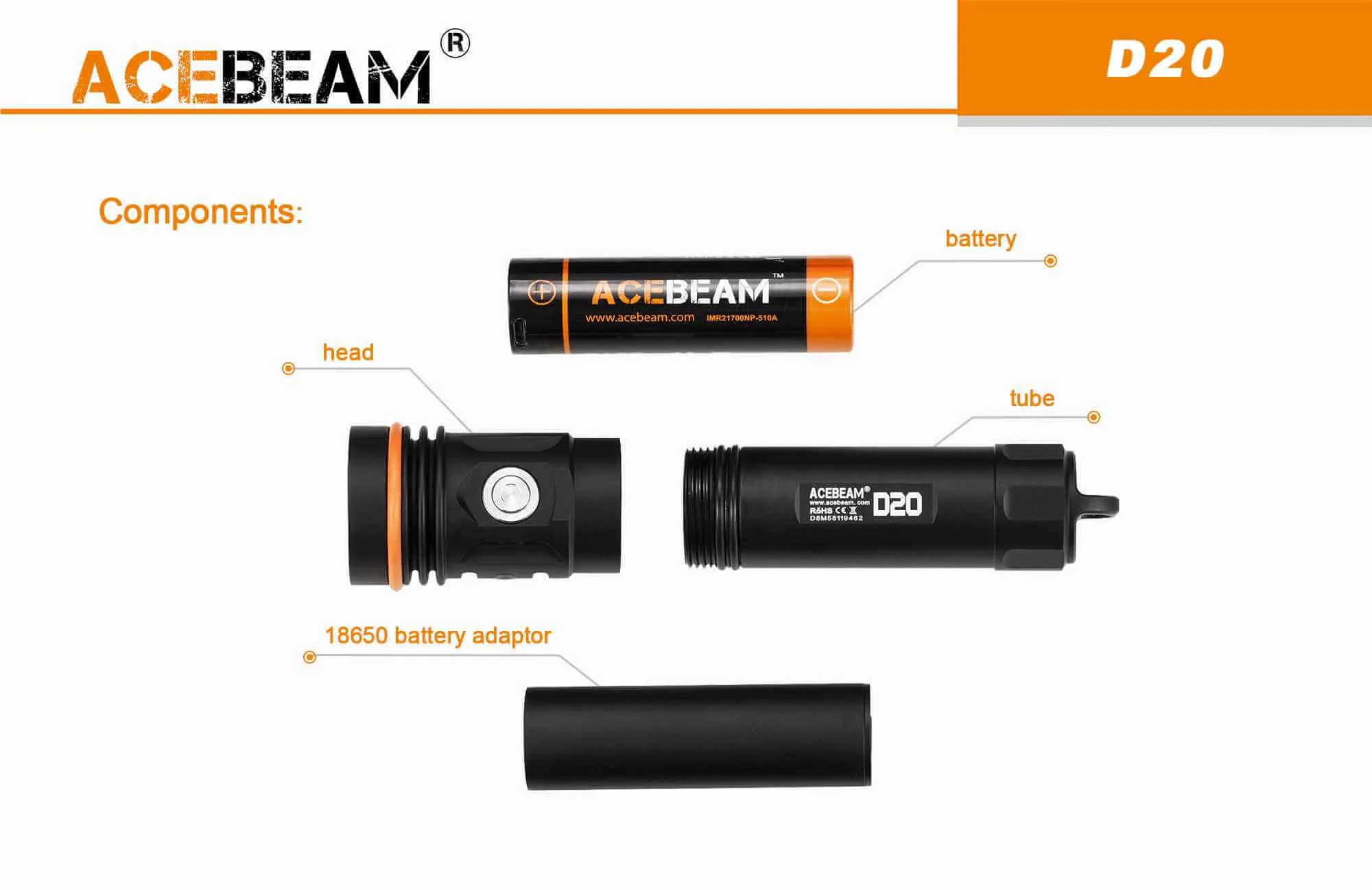 Acebeam D20 palm size Diving Light with astonishing 2700 lumens that reaches depths of 200 m