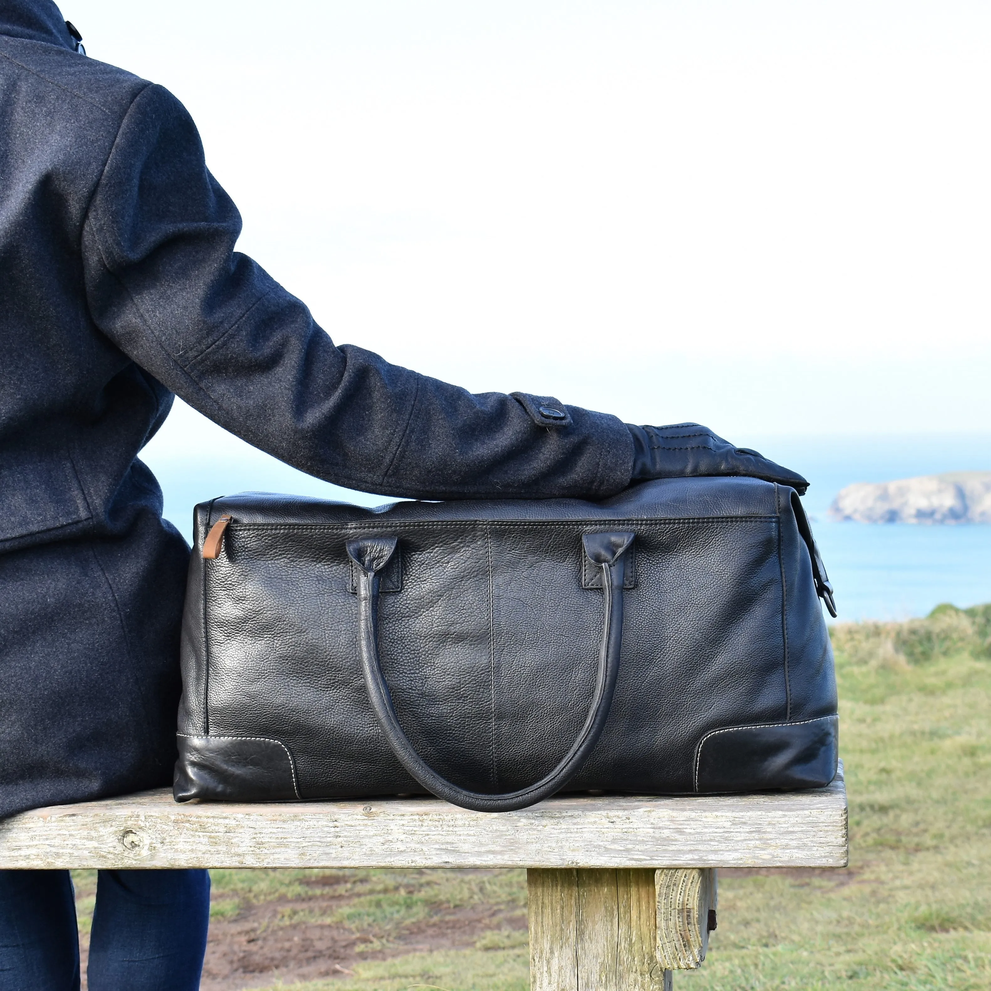 Black Milled Leather Weekend Holdall