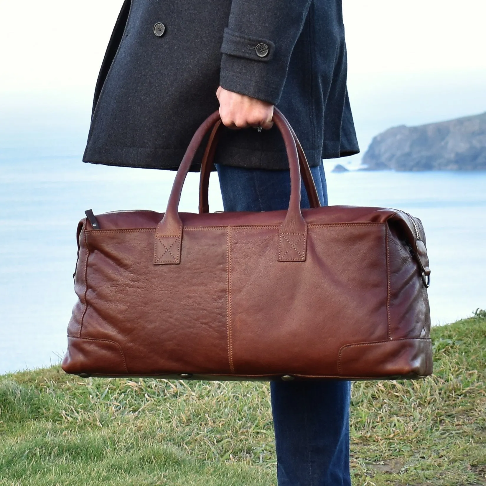 Brown Tan Milled Leather Weekend Holdall