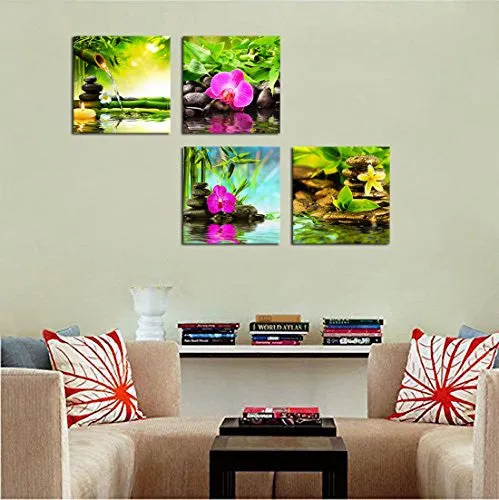 CANVAS PRINTS ZEN ART WALL DECOR - SPA MASSAGE TREATMENT PAINTING PICTURE PRINT ON CANVAS FRAMED READY TO HANG - RED ORCHID FRANGIPANI BAMBOO WATERLILY BLACK STONE IN GARDEN - 4 PANEL GICLEE ART WORK