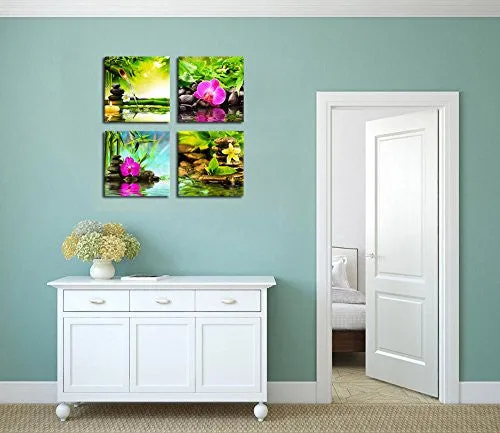 CANVAS PRINTS ZEN ART WALL DECOR - SPA MASSAGE TREATMENT PAINTING PICTURE PRINT ON CANVAS FRAMED READY TO HANG - RED ORCHID FRANGIPANI BAMBOO WATERLILY BLACK STONE IN GARDEN - 4 PANEL GICLEE ART WORK