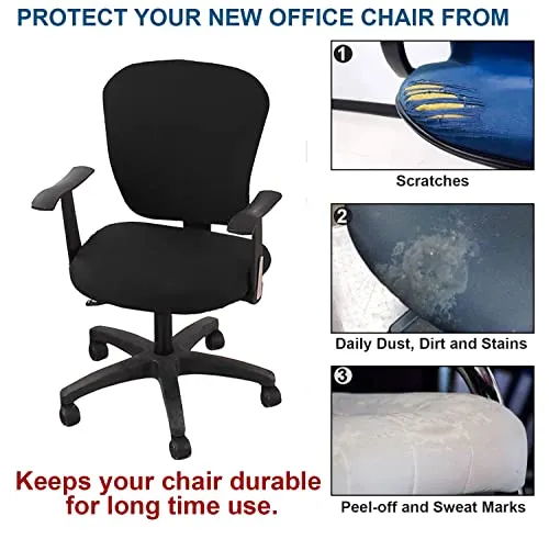 HOTKEI 3 Piece Black Office Chair Cover with Headrest Cover Stretchable Removable Stain Proof Office Computer Desk Executive Rotating Chair Seat Covers Slipcover Protector for Office Chair