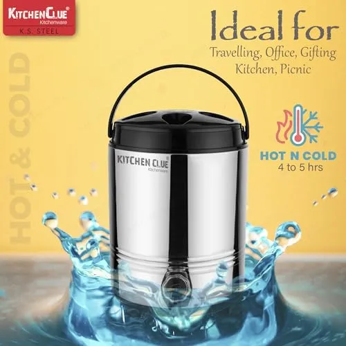 Kitchen Clue Stainless Steel Water Jug with PU Insulated Thermosteel with Carry Handle I Big Size 8 Liters of Capacity I Silver Color I Hot and Cold Water Dispenser for Kitchen Home Office