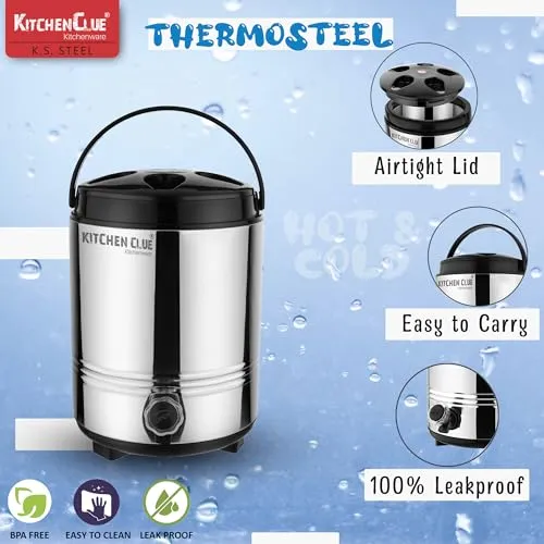 Kitchen Clue Stainless Steel Water Jug with PU Insulated Thermosteel with Carry Handle I Big Size 8 Liters of Capacity I Silver Color I Hot and Cold Water Dispenser for Kitchen Home Office