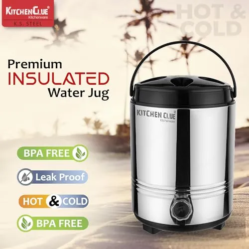 Kitchen Clue Stainless Steel Water Jug with PU Insulated Thermosteel with Carry Handle I Big Size 8 Liters of Capacity I Silver Color I Hot and Cold Water Dispenser for Kitchen Home Office