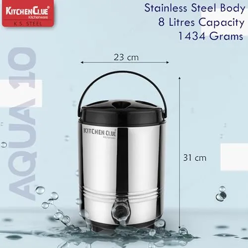 Kitchen Clue Stainless Steel Water Jug with PU Insulated Thermosteel with Carry Handle I Big Size 8 Liters of Capacity I Silver Color I Hot and Cold Water Dispenser for Kitchen Home Office