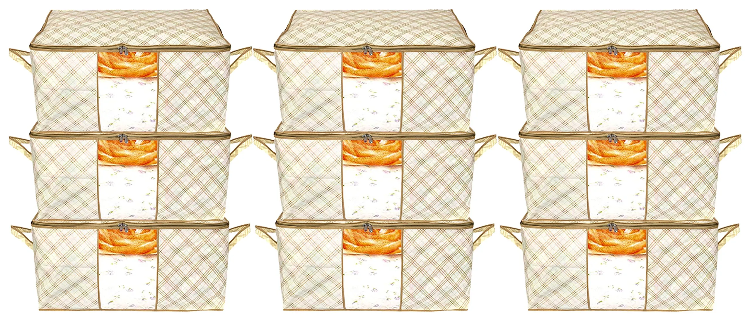 Kuber Industries Metalic Checkered Print Foldable Clothes Storage Bag Wardrobe Organizer Non Woven Fabric for Comforters,Blankets,Bedding with Sturdy Zipper,Clear Window (Set of 9,Ivory)-KUBMART16594