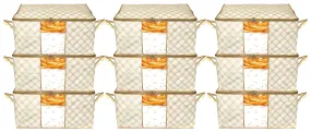 Kuber Industries Metalic Checkered Print Foldable Clothes Storage Bag Wardrobe Organizer Non Woven Fabric for Comforters,Blankets,Bedding with Sturdy Zipper,Clear Window (Set of 9,Ivory)-KUBMART16594