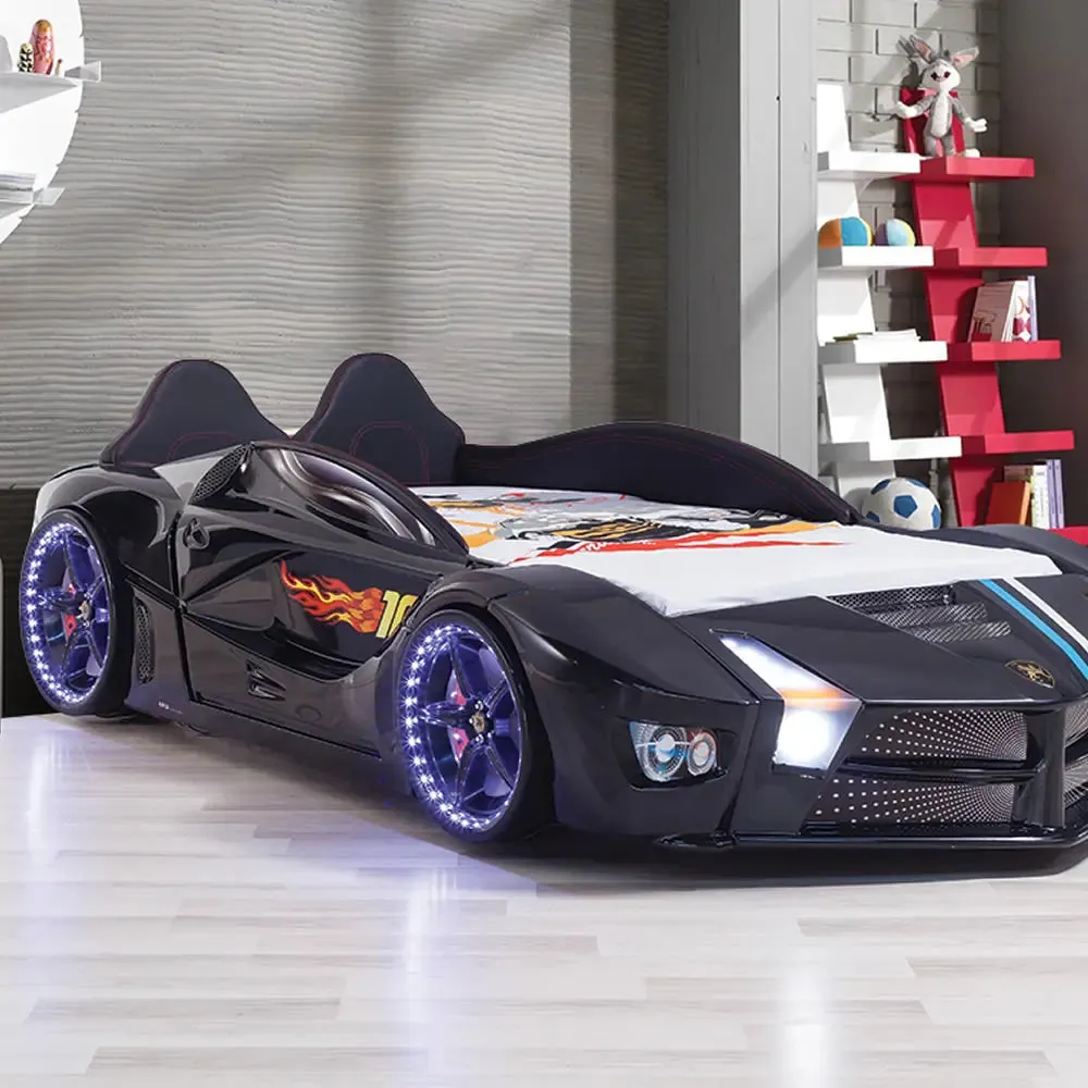 Moon Luxury Race Car Bed w/LEDs & Sound Effects (Free Mattress)