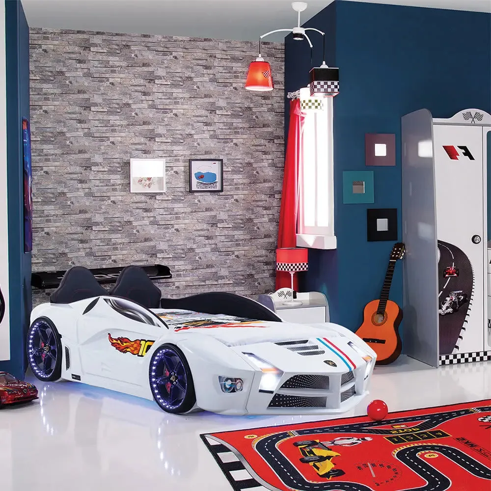 Moon Luxury Race Car Bed w/LEDs & Sound Effects (Free Mattress)