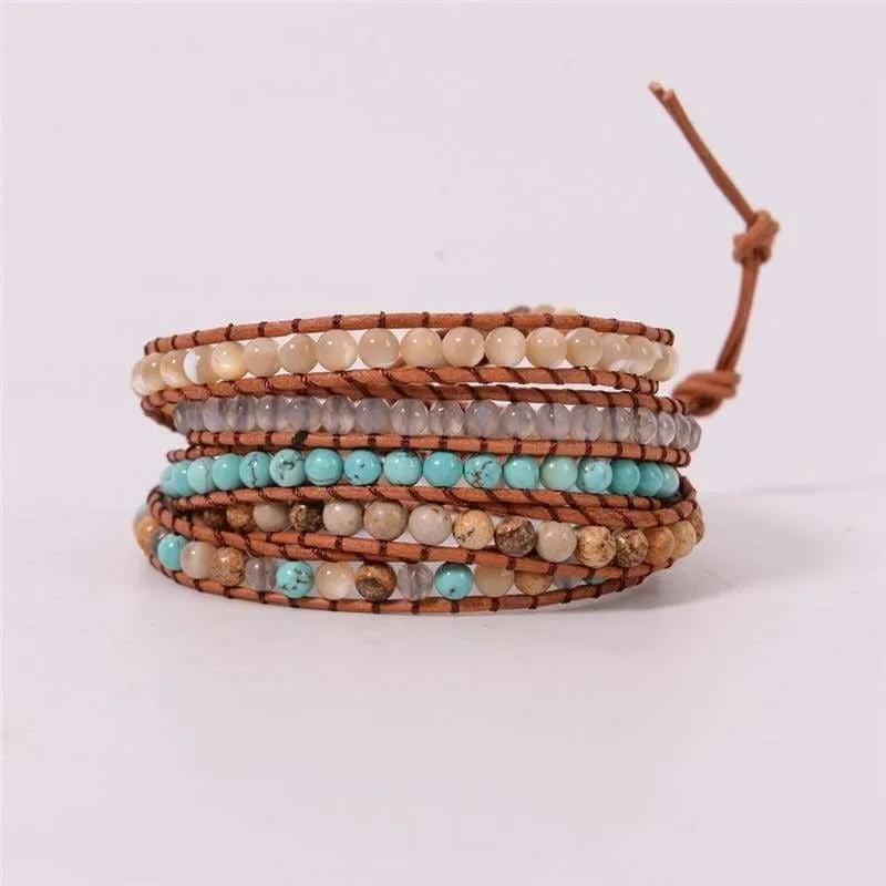 Natural Stone Bead Handmade Leather Bracelet Wrap