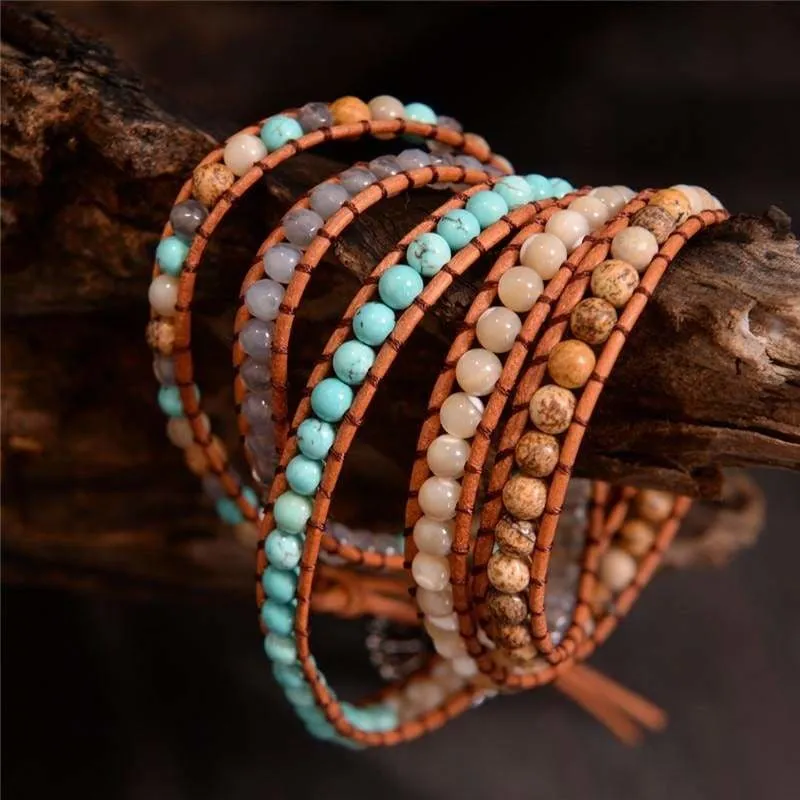 Natural Stone Bead Handmade Leather Bracelet Wrap