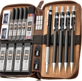 Nicpro 5 PCS Black Metal Mechanical Pencil Set in Leather Case, 0.3, 0.5, 0.7, 0.9 mm & 2mm Lead Pencil Holders, (4B 2B HB 2H) Lead Refills (Black & Colors), Erasers For Art Drafting Sketching Drawing