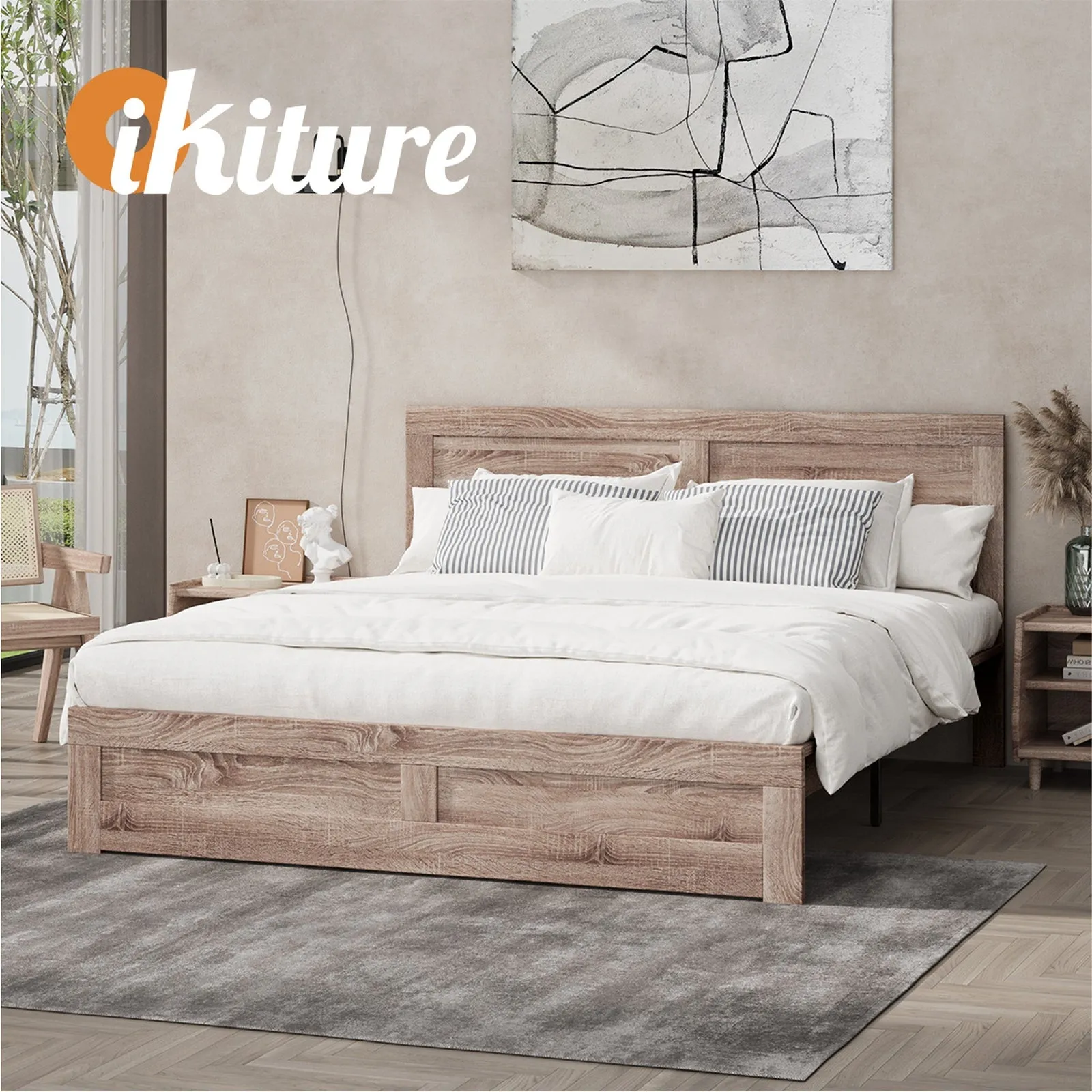 Oikiture Bed Frame King Size Wooden Bed Platforms NEO