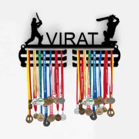 Personalised Medal Hanger for Kids Black Metal Holder with your Name - Cricket