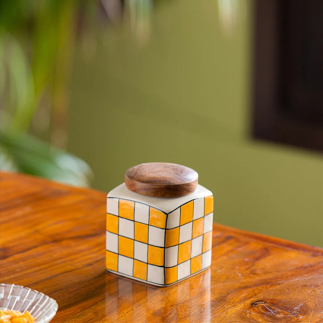 'Shatranj Checkered' Hand-painted Multi-Purpose Storage Jar & Container in Ceramic (Airtight, 240 ML, 10.2 cm)