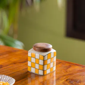 'Shatranj Checkered' Hand-painted Multi-Purpose Storage Jar & Container in Ceramic (Airtight, 240 ML, 10.2 cm)