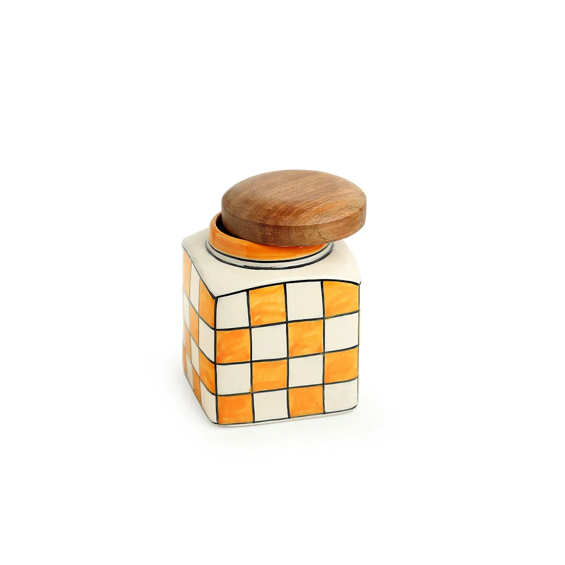 Shatranj Checkered' Hand-painted Multi-Purpose Storage Jar & Container in Ceramic (Airtight | 480 ML | 10.9 cm)