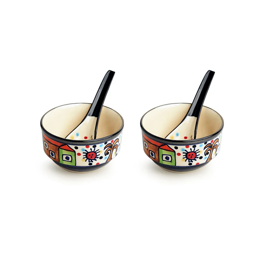 'Soupy Huts' Handpainted Soup Bowl With Spoon  In Ceramic (Set Of 2, 260 ML, Microwave Safe)