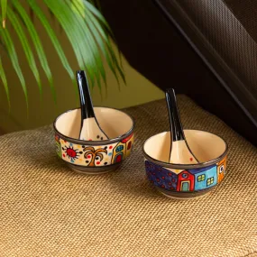 'Soupy Huts' Handpainted Soup Bowl With Spoon  In Ceramic (Set Of 2, 260 ML, Microwave Safe)