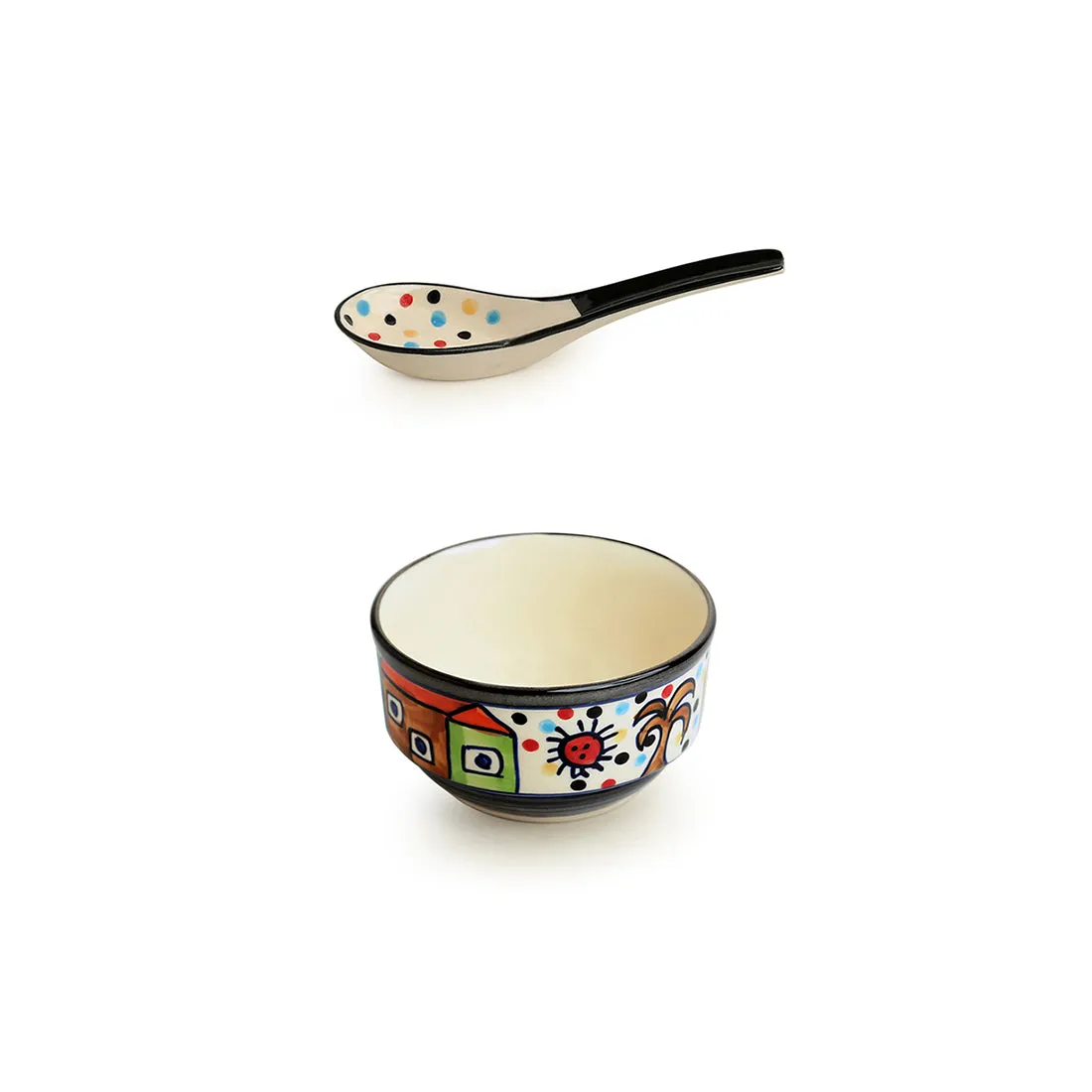 'Soupy Huts' Handpainted Soup Bowl With Spoon  In Ceramic (Set Of 2, 260 ML, Microwave Safe)